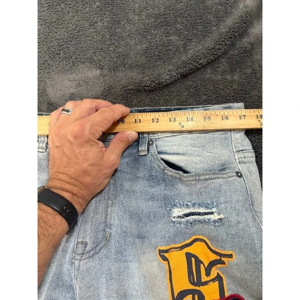 Smoke Rise Mens Light Wash Distressed Patched Graphic Denim Jeans Slim Fit 34x31